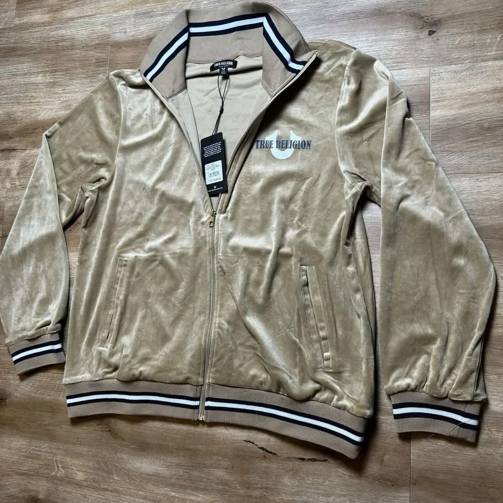 True Religion Tour Jacket Men's Large Tan Track Velour Travertine Full‎ Zip NWT